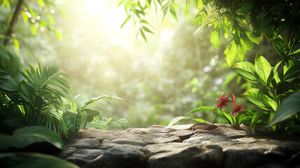 Aufkleber - A stone for product design space with Tropical jungle landscape with lush trees, palm plants, and vibrant greenery under a clear sky