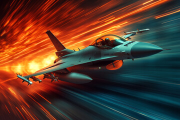 Wall Mural - Fighter jet flying at incredible speed with afterburners on fire, during a military operation