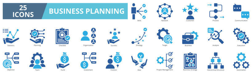Business planning icon collection set. Containing skills, network, customer, process, communication, statistics, planning, checklist icon. Simple flat vector