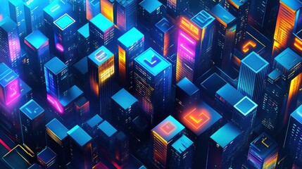 Fototapete - Isometric neon city buildings at night.