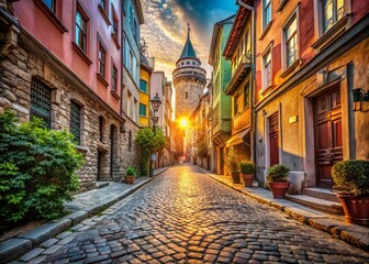 Wall Mural - Panoramic View of Narrow Turkish Street Surrounded by Historic Walls Near Galata Tower in Istanbul, Capturing the Essence of Local Architecture and Culture