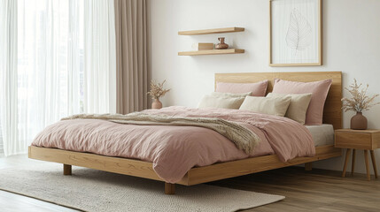 Poster - Cozy bedroom features a rustic wooden bed draped in pastel pink bedding, creating a warm and inviting atmosphere enhanced by gentle sunlight