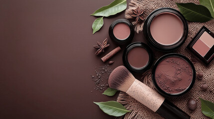 Poster - A collection of chic mocha natural cosmetics displayed amid green leaves and rustic fabric exudes elegance and earthy charm