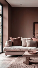 Aufkleber - Comfortable seating area features soft mocha tones, inviting textures, and natural light enhancing a stylish, serene atmosphere
