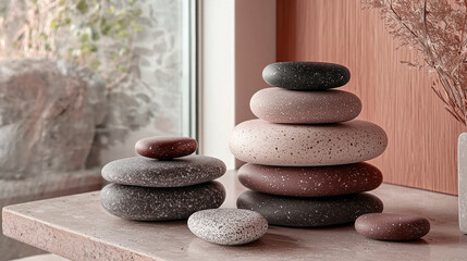 Aufkleber - Stacked stones in trendy mocha and smooth colors create a calming focal point in a stylish living space with natural light