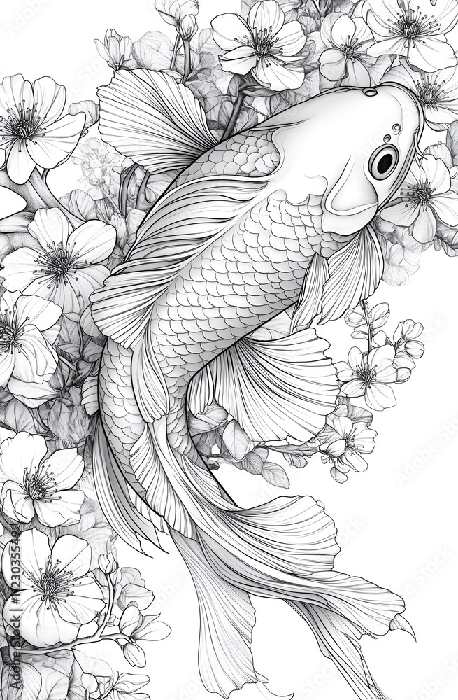 Elegant Koi Cherry Blossom Tattoo Line Drawing – Minimalist Japanese Art