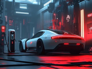 Poster - A futuristic electric car charging in a neon-lit, high-tech environment.