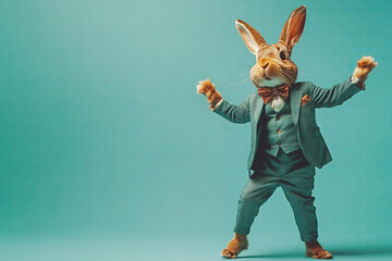 Wall Mural - funny brown dancing bunny in a fancy emerald suit celebrating Easter isolated on moody solid smooth background 