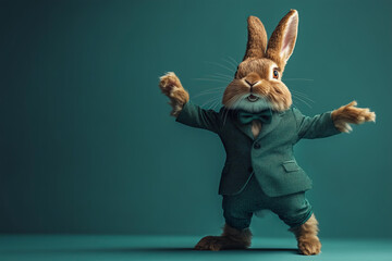 Wall Mural - funny brown dancing bunny in a fancy emerald suit celebrating easter isolated on moody solid smooth 