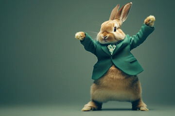 Wall Mural - funny brown dancing bunny in a fancy emerald suit celebrating easter isolated on moody solid smooth 