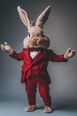 Wall Mural - funny brown dancing bunny in a fancy red suit celebrating easter isolated on moody solid smooth back