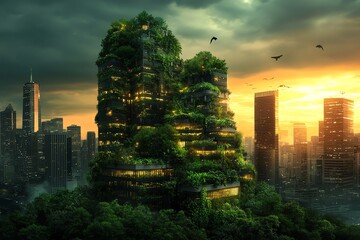 Poster - A futuristic, green skyscraper integrates nature with urban architecture at sunset.
