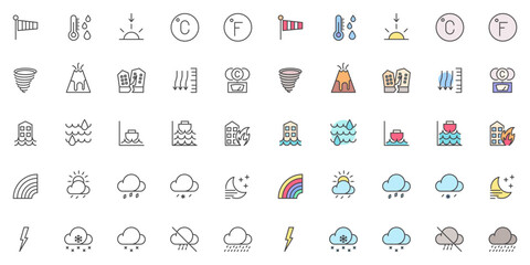 Aufkleber - weather forecast line and filled outline vector icons set