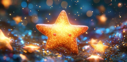Poster - A glowing star-shaped figure surrounded by smaller stars, creating a whimsical atmosphere.