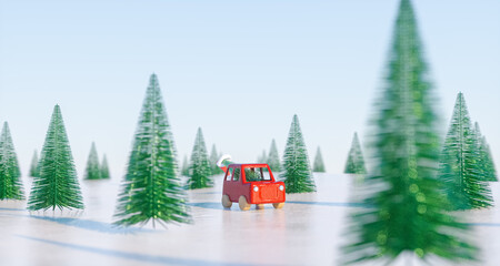 Aufkleber - 3d Christmas background with red toy car on snow landscape. 3d rendering