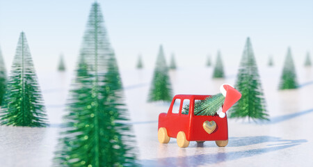 Aufkleber - 3d Christmas background with red toy car on snow landscape. 3d rendering