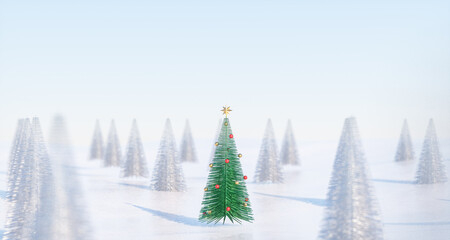 Aufkleber - 3d Christmas background with decorated Christmas tree on snow landscape. 3d rendering