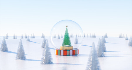Aufkleber - 3d Christmas background with Christmas tree snow globe on snow landscape. 3d rendering