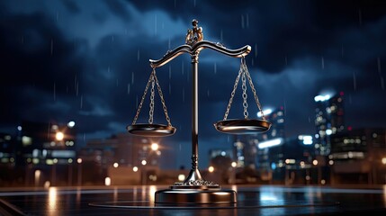 Wall Mural - A metallic scale of justice stands in the rain, symbolizing law and balance against a blurred city backdrop.