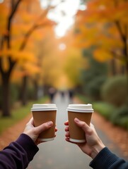 Wall Mural - Two hands holding coffee cups while walking through an autumn park filled with colorful trees