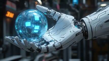Aufkleber - A robotic hand holds a glowing, futuristic orb in a high-tech environment.