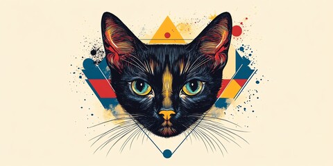 Poster - A stylized illustration of a cat's face with geometric shapes and vibrant colors.