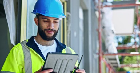 Aufkleber - Outdoor, man and smile with tablet at construction site for inspection, quality control or maintenance. Male person, employee and happy with internet connection for infrastructure development project