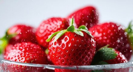Wall Mural - Fresh ripe strawberries in glass bowl with water droplets