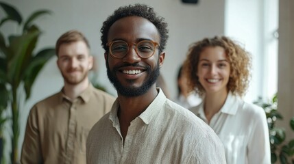Poster - Professionals display genuine happiness and collaboration in a contemporary office setting with abundant natural light and greenery