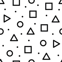 Poster - Seamless geometric pattern showcasing triangles, squares, circles, and small dots creates a simple yet dynamic design, suitable for various backgrounds and decorative purposes