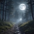 © chaiwat - Foggy forest path leading to a clearing under a full moon , atmospheric, solitude, natural