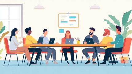 Poster - Collaborative Team Meeting: Diverse Professionals Brainstorming Innovative Ideas in a Modern Office Setting