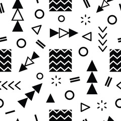 Poster - Seamless pattern features black and white geometric shapes including triangles, circles, squares, and arrows, creating a dynamic and visually engaging composition