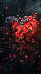 Wall Mural - digital illustration of fragmented heart in red and black, emitting light. dynamic, explosive breaka