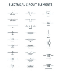 Poster - electrical circuit symbol sign black thin line icon set include of diode, switch, resistor and capac