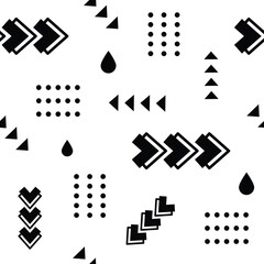 Poster - Seamless pattern showcasing dynamic arrows, triangles, and dotted squares creating a visually engaging design with a bold black and white contrast
