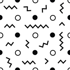 Poster - seamless retro pattern showcasing dynamic geometric shapes like zigzags, dots, and lines, creating a