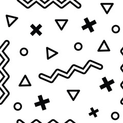 Poster - black geometric shapes including plus signs, triangles, circles and zigzag lines create a dynamic an