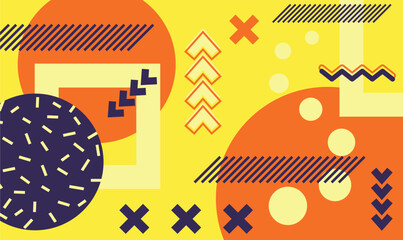 Poster - Modern, vibrant geometric abstract background featuring dynamic circles, squares, and crosses in orange, yellow, and purple, creating a visually appealing composition