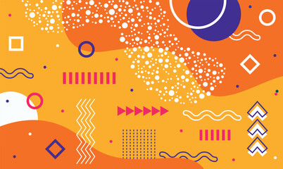 Fototapete - Vibrant orange and purple geometric abstract background showcasing a variety of shapes, lines, dots, and patterns, creating a dynamic and eye catching visual experience