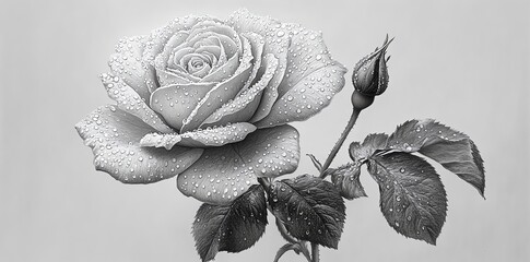 Poster - A detailed black-and-white illustration of a rose with dew drops, showcasing beauty and delicacy.
