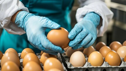 Aufkleber - A food factory technologist carefully examines eggs in a quality control process, ensuring freshness and safety in production