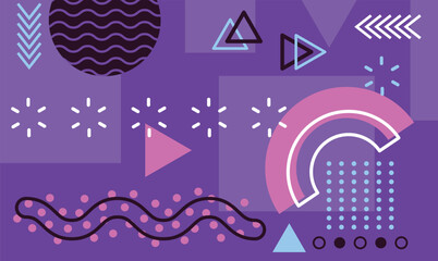 Fototapete - Geometric shapes and patterns create a vibrant memphis design background, featuring various colors and abstract elements, suitable for posters, banners, or flyers