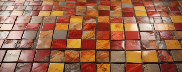 fiery red and yellow orange abstract mosaic tiles on a stony plastic background, plastic, stony