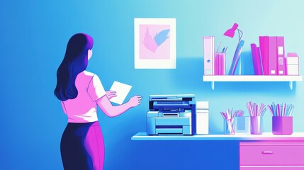 Poster - A bright office corner featuring a woman making copies on a compact printer, with office supplies neatly organized nearby.