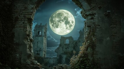 Wall Mural - a brilliant full moon peeking through the ruins of an old castle, evoking a sense of history and tim