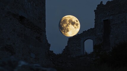 Wall Mural - a brilliant full moon peeking through the ruins of an old castle, evoking a sense of history and tim