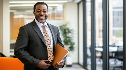 Poster - a business professional stands in a modern office, holding a file in one hand and smiling