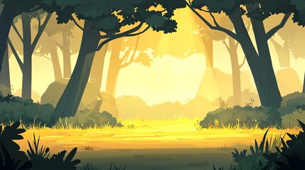 Wall Mural - a serene forest scene with soft sunlight filtering through trees, creating a peaceful atmosphere.