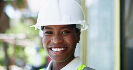 Poster - Engineering, face or African woman on construction site for project management or labor progress. Happy, contractor or confident builder with helmet for building safety or outdoor inspection in Kenya
